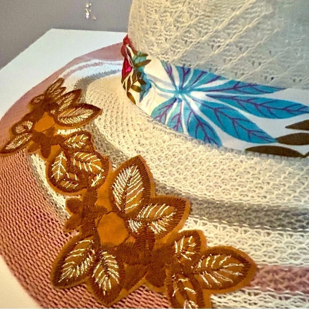 Pretty Floppy Beach Hat embroidered flowers sun block beach party unisex